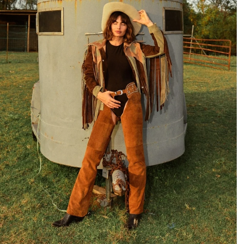 Vintage style leather fringe stars flag usa Americana jacket coat L free people - Picture 4 of 6